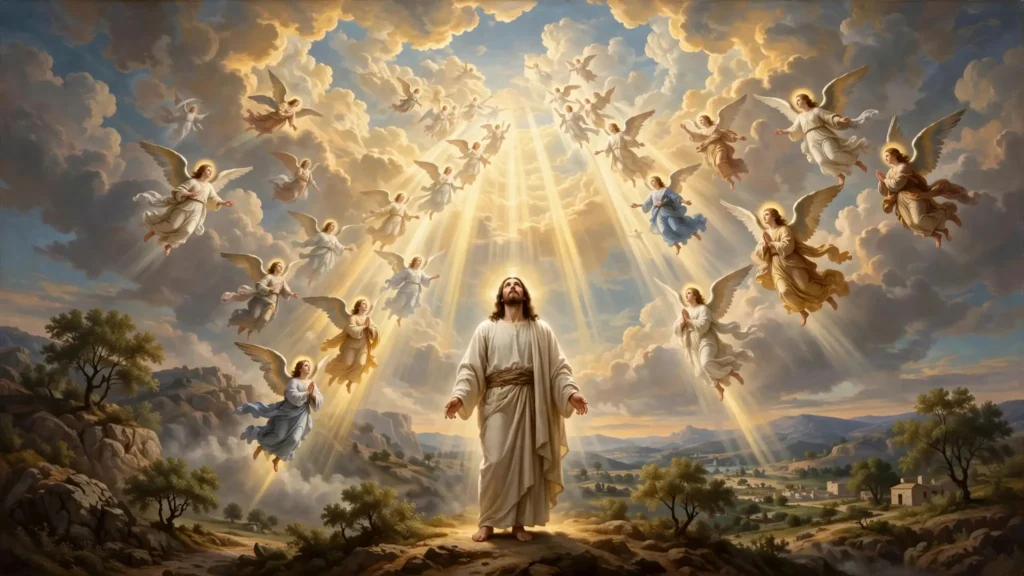 Jesús como cumplimiento de la escalera de Jacob con cielo abierto y ángeles subiendo y descendiendo sobre el Hijo del Hombre