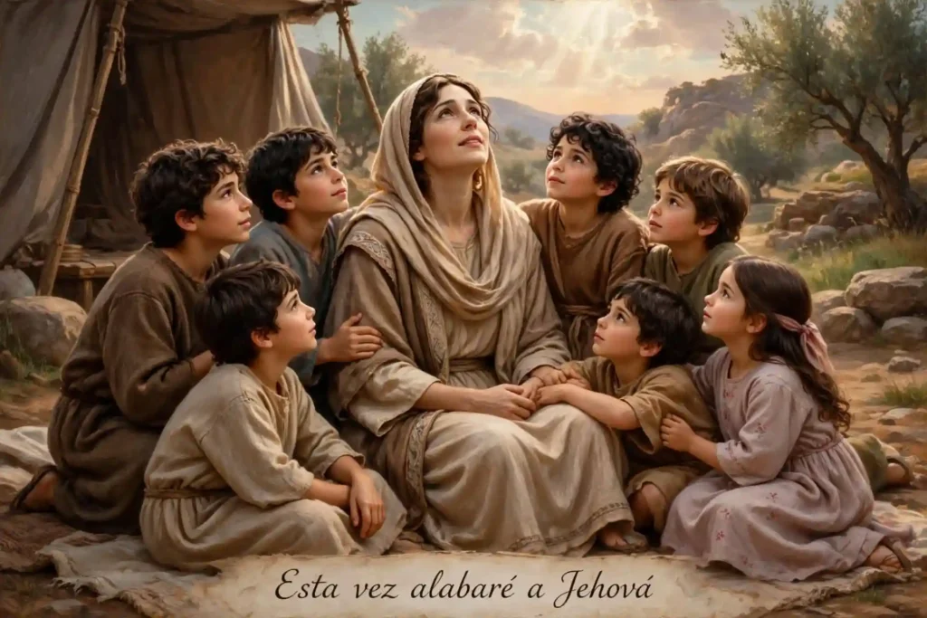 Lea alabando a Dios rodeada de sus hijos Rubén, Simeón, Leví, Judá, Isacar, Zabulón y su hija Dina