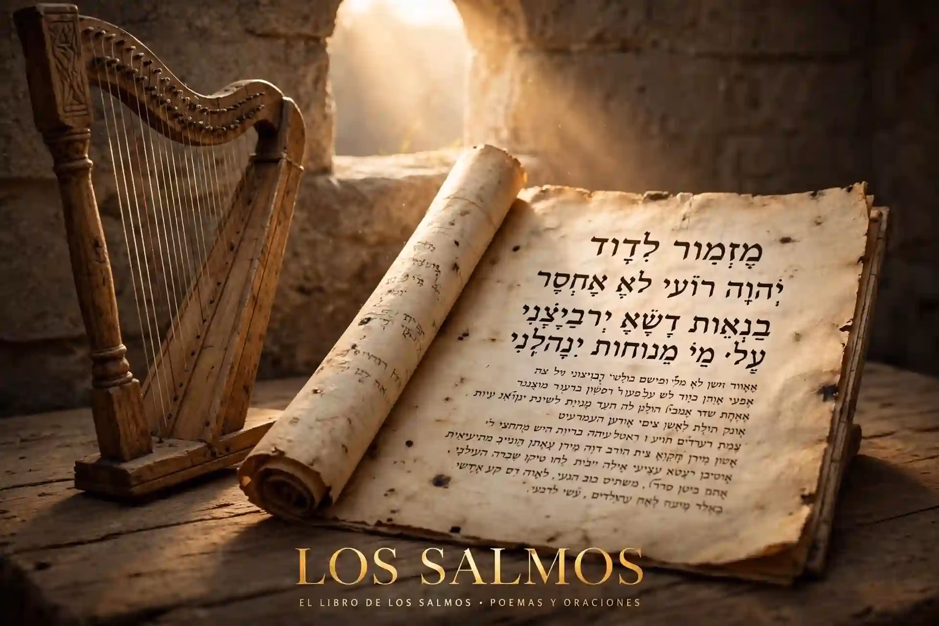  Libro de los Salmos abierto con rollo hebreo antiguo y arpa de cuerdas iluminado por luz dorada. 