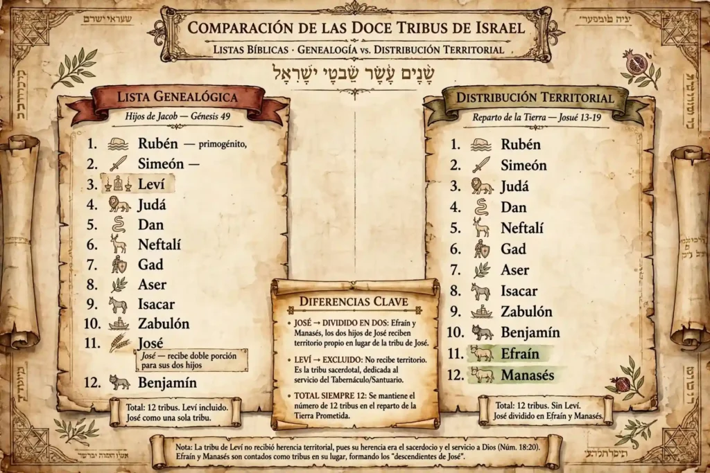 Comparación visual de las listas de las doce tribus de Israel mostrando la diferencia entre la lista genealógica de los doce hijos y la lista territorial con Efraín y Manasés