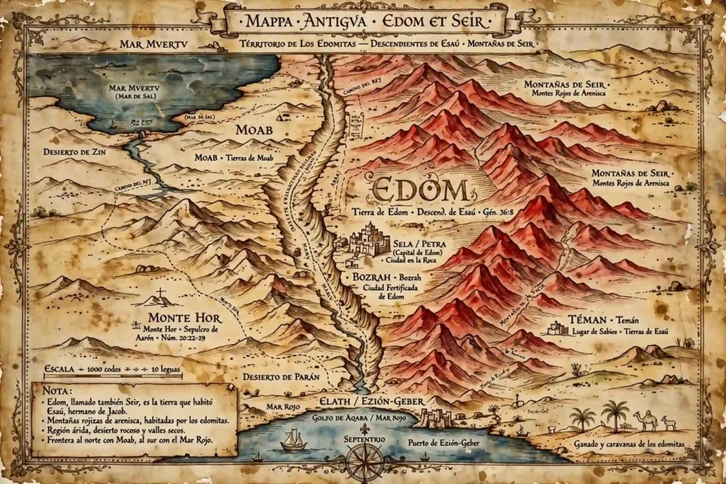 Mapa antiguo en pergamino de Edom y las montañas de Seir, territorio montañoso donde se establecieron los edomitas descendientes de Esaú, con Sela Petra y Bozrah