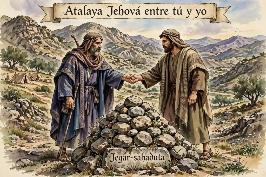 Labán y Jacob levantando un montón de piedras en Galaad llamado Jegar-sahaduta como testigo del pacto de Mizpa, Atalaye Jehová entre tú y yo