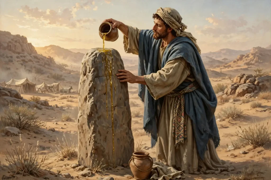 Jacob levantando la piedra como señal conmemorativa y derramando aceite sobre ella en Betel