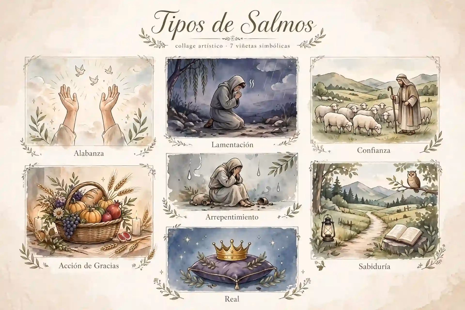 Ilustración tipo acuarela con los 7 tipos de salmos: alabanza, lamentación, confianza, acción de gracias, arrepentimiento, sabiduría y real