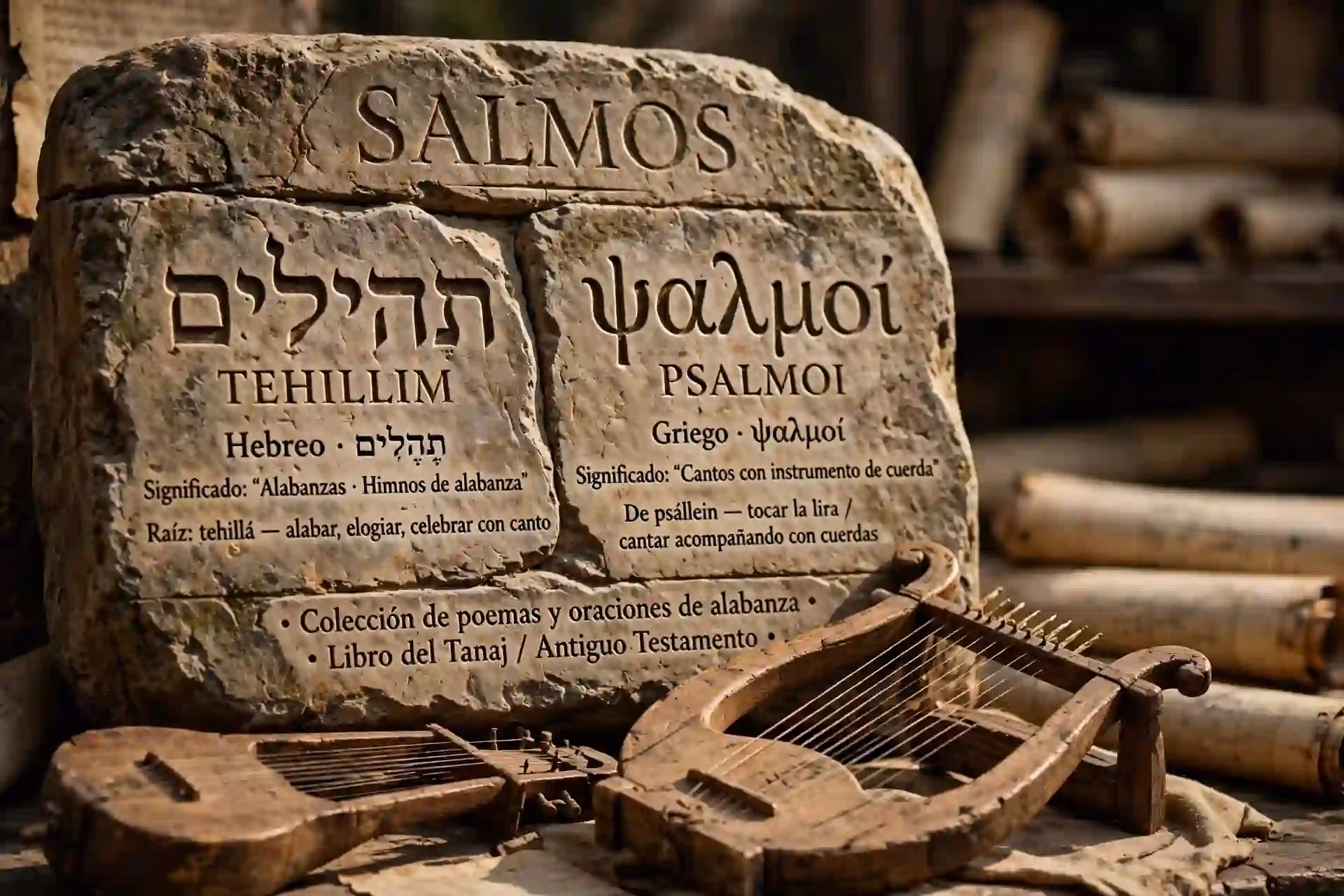 Palabras Tehillim en hebreo y Psalmoi en griego junto a una lira antigua sobre pergaminos