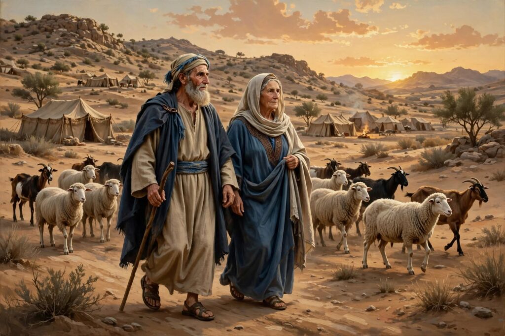 Abraham y Sara como pareja anciana peregrinando por el desierto de Canaán junto a su rebaño de ovejas y cabras al atardecer