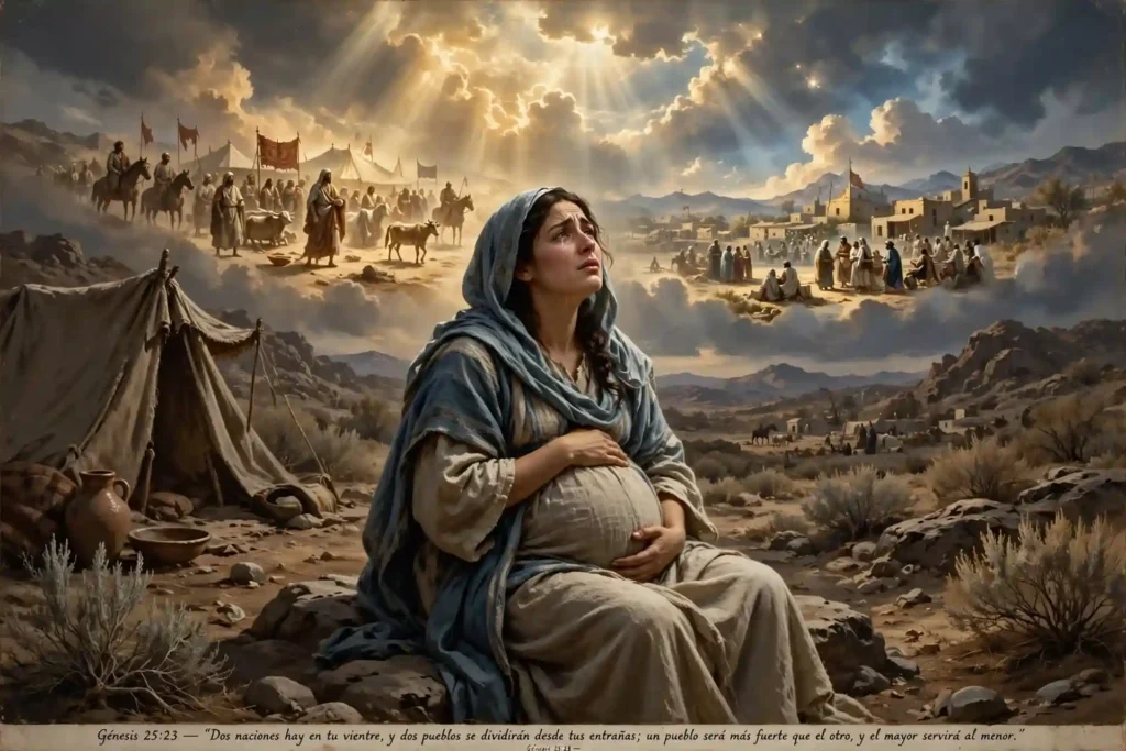 Rebeca embarazada consultando a Jehová durante un embarazo difícil y recibiendo la revelación de que el mayor serviría al menor