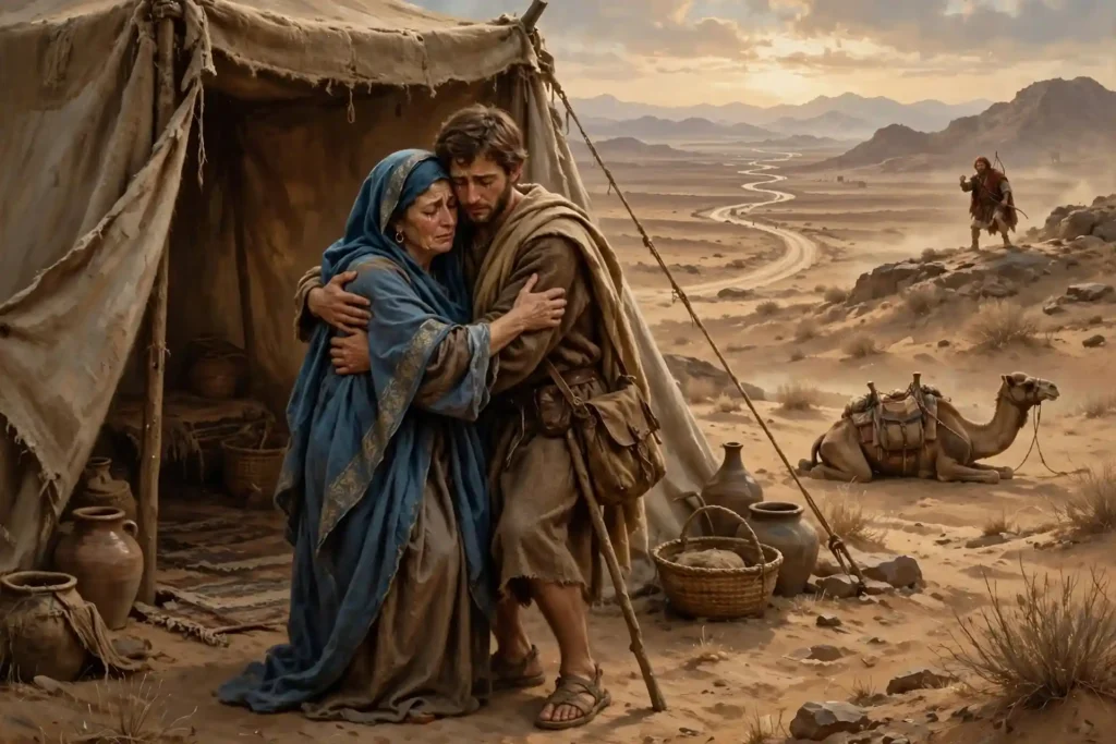 Rebeca despidiendo con dolor a Jacob antes de su huida a Harán a casa de Labán por temor a Esaú
