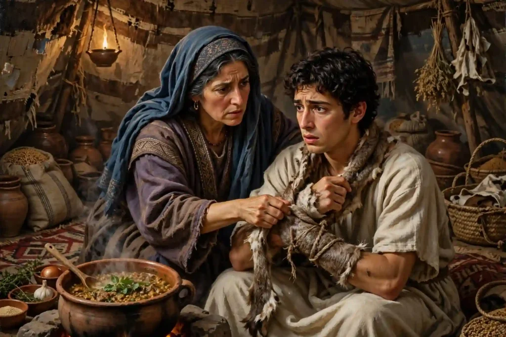 Rebeca vistiendo a Jacob con pieles de cabrito para que reciba la bendición de Isaac en lugar de Esaú, Génesis 27