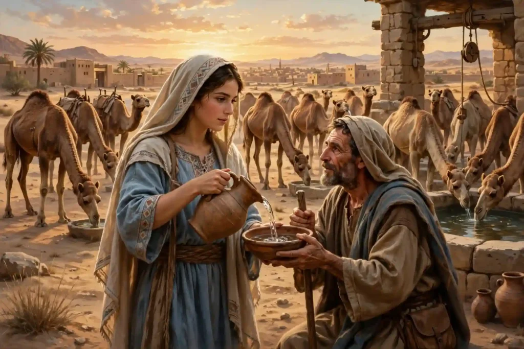 Rebeca junto al pozo dando agua al siervo de Abraham y a sus diez camellos, mostrando hospitalidad en Génesis 24