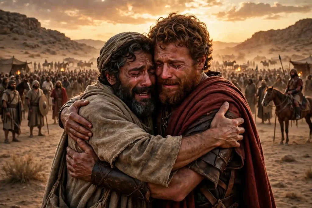 Reconciliación emotiva entre Jacob y Esaú con abrazo y lágrimas en el desierto, Esaú con cuatrocientos hombres de fondo, según Génesis 32 y 33