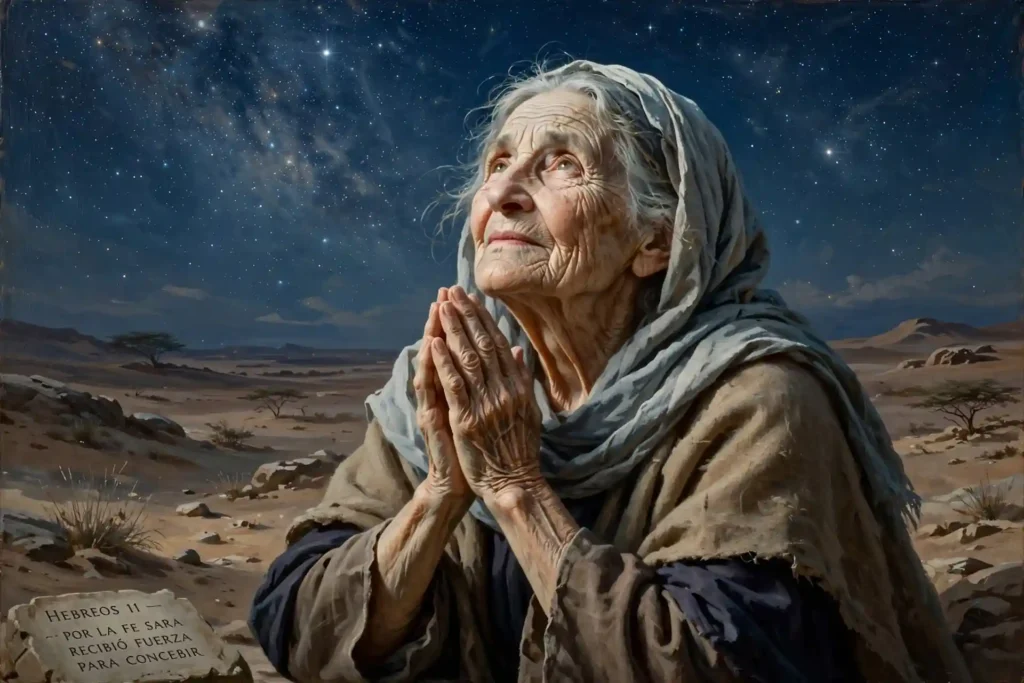 Sara anciana orando con fe bajo el cielo estrellado del desierto, con las manos juntas mirando al cielo con esperanza