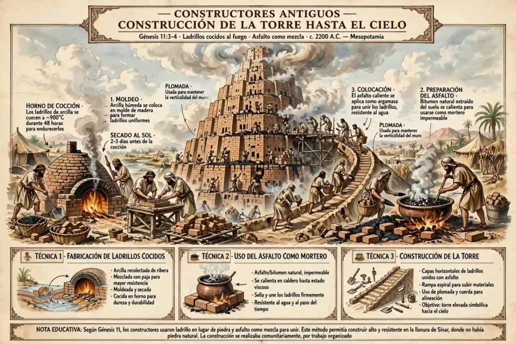 Infografía educativa de las técnicas de construcción de la Torre de Babel con ladrillos cocidos al fuego y asfalto como mezcla, Génesis 11:3-4