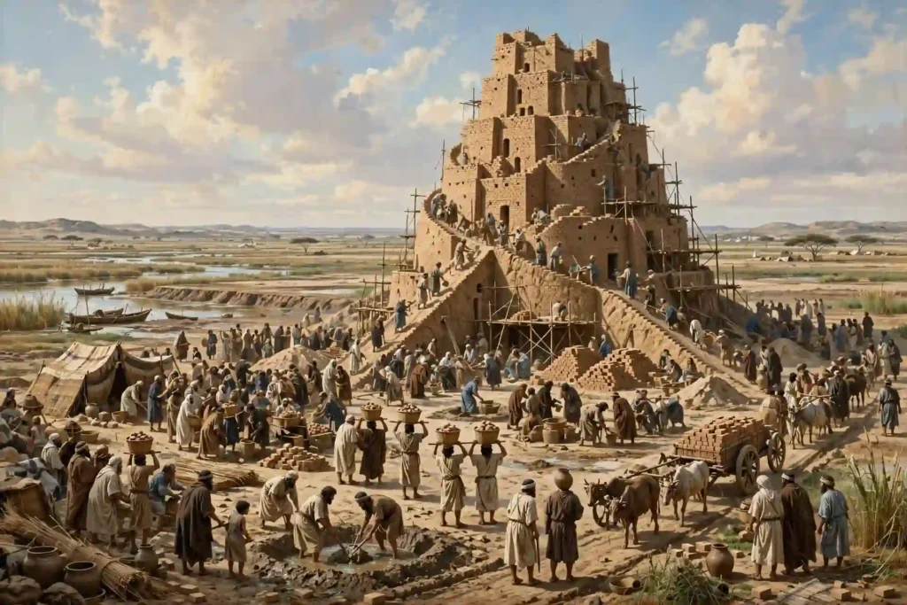 Gran comunidad construyendo la Torre de Babel en la llanura de Sinar después del diluvio, según Génesis 11