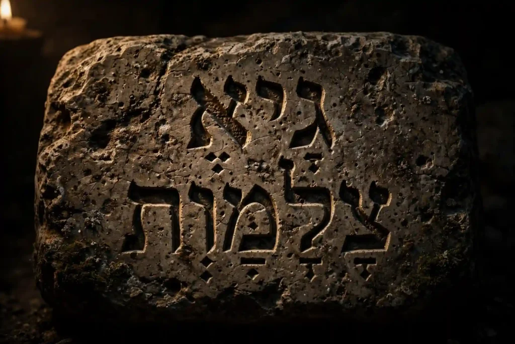 Letras hebreas gei y tsalmavet talladas en piedra antigua que significan valle y oscuridad profunda o sombra de muerte