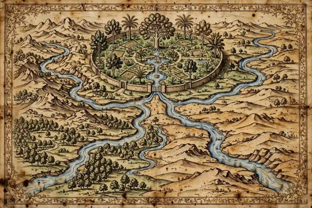 Mapa artístico antiguo del Jardín del Edén mostrando el río que salía de Edén y se dividía en cuatro brazos: Pisón, Gihón, Hidekel y Éufrates