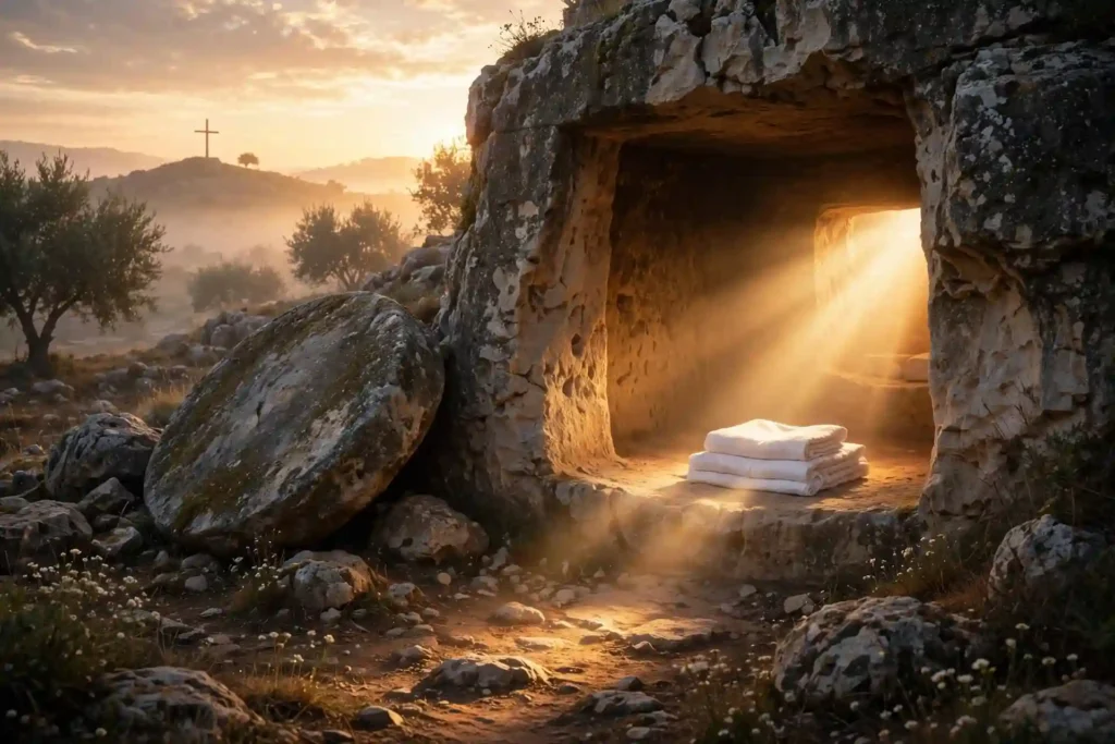 Tumba vacía al amanecer y una cruz en la distancia, representación de la victoria de Cristo sobre el pecado y la muerte