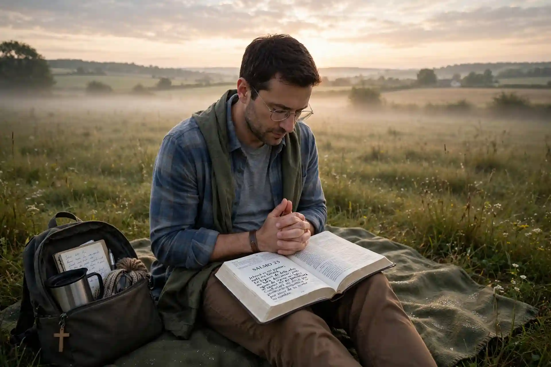 Persona orando y leyendo la Biblia al amanecer en el campo, buscando la guía de Jehová como Pastor en la vida diaria