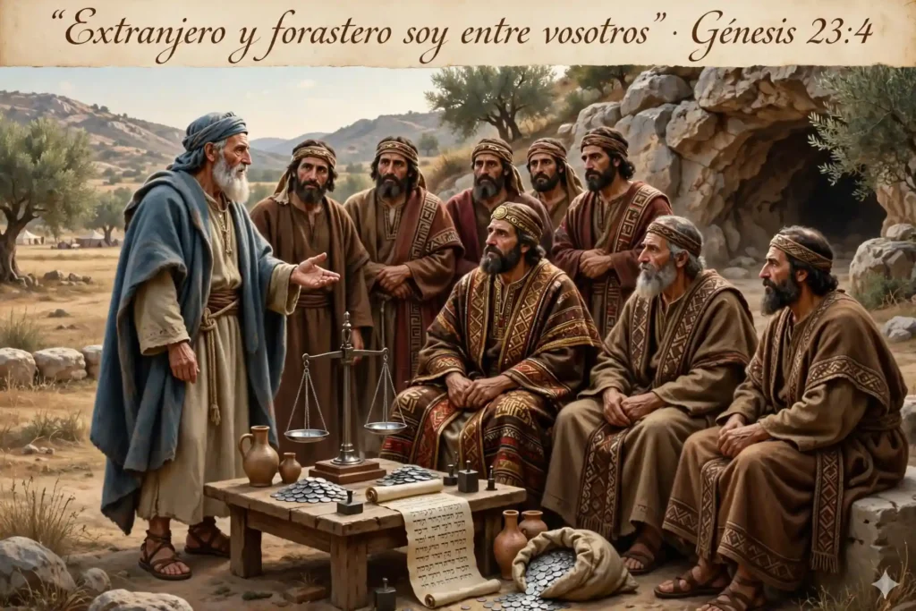 Abraham negociando la compra del campo y la cueva de Macpela con los hititas diciendo Extranjero y forastero soy entre vosotros