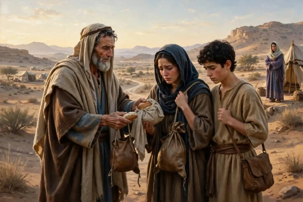 Abraham despidiendo a Agar e Ismael al amanecer entregándoles pan y un odre de agua en el desierto de Beerseba, Génesis 21
