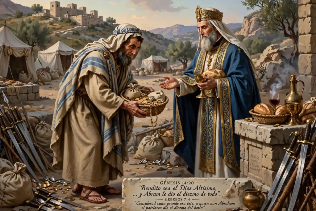 Abraham entregando a Melquisedec el diezmo de todo lo recuperado como reconocimiento de su sacerdocio, según Génesis 14:20 y Hebreos 7:4-6