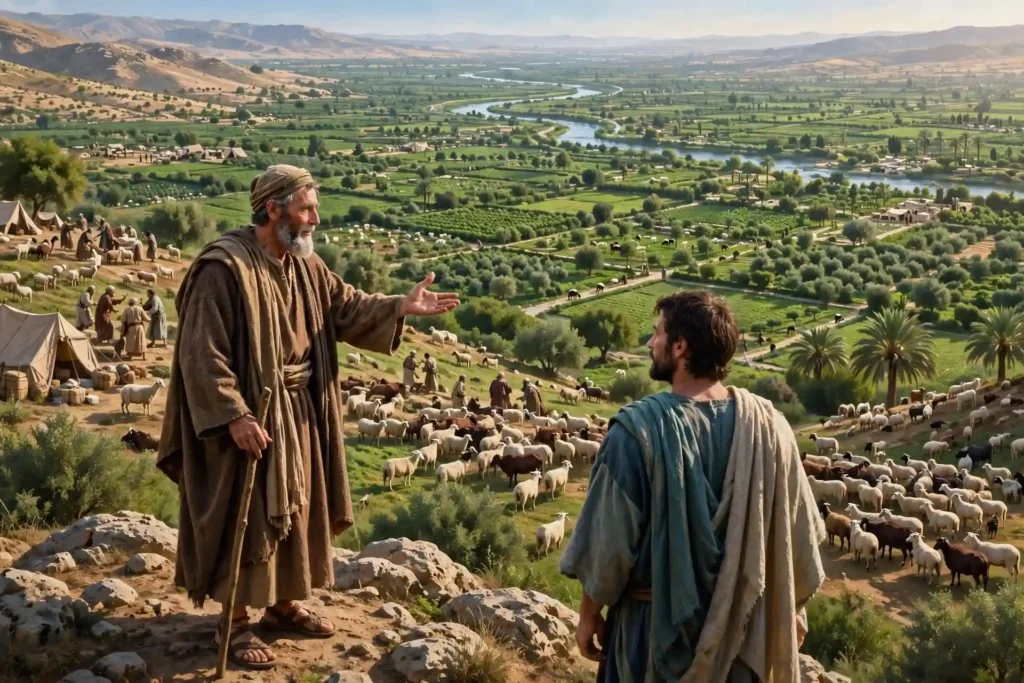 Abraham y Lot separándose por conflicto entre sus pastores, Lot observa y elige la llanura fértil del Jordán bien regada antes de la destrucción de Sodoma