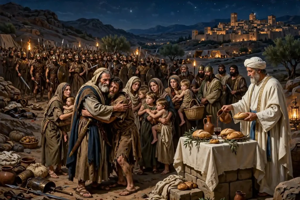 Abraham abrazando a Lot tras rescatarlo con 318 hombres nacidos en su casa durante la guerra de los reyes, y encuentro con Melquisedec rey de Salem con pan y vino, Génesis 14