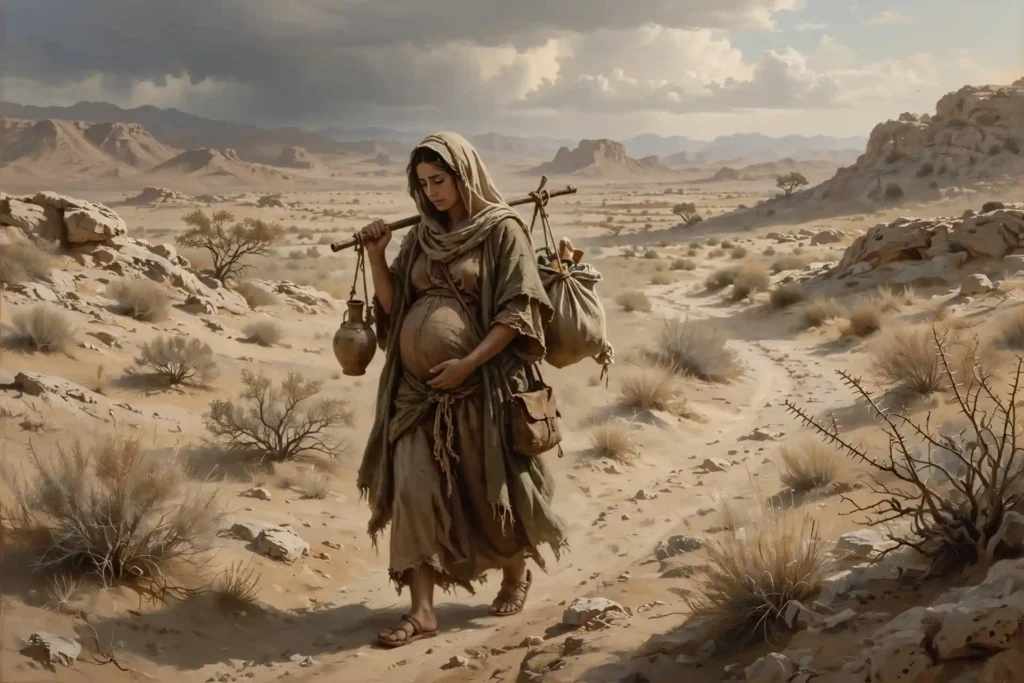 Agar embarazada huyendo sola al desierto por el camino de Shur tras el trato duro de Sarai