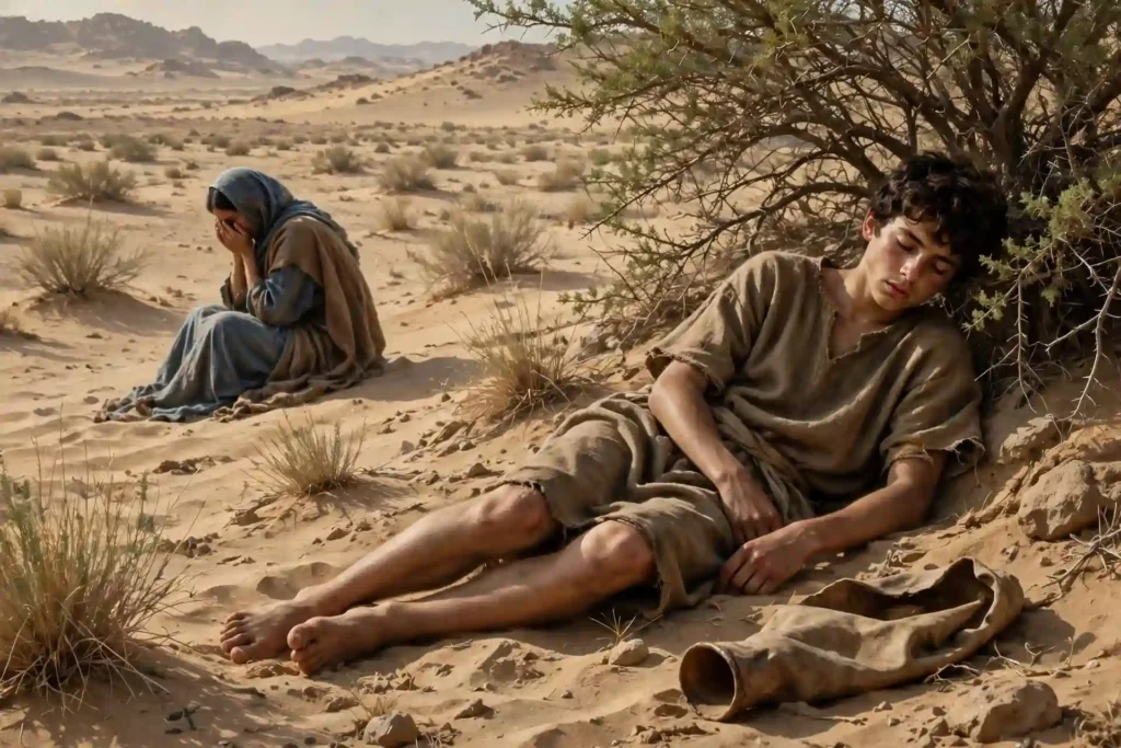 Agar e Ismael en el desierto de Beerseba sin agua, Ismael bajo un arbusto y Agar apartada llorando sin querer verlo morir