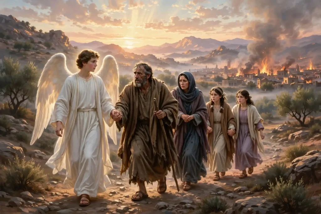 Ángeles tomando de la mano a Lot, su esposa y sus dos hijas para sacarlos de Sodoma por la misericordia de Jehová mientras Lot se demoraba, Génesis 19:16