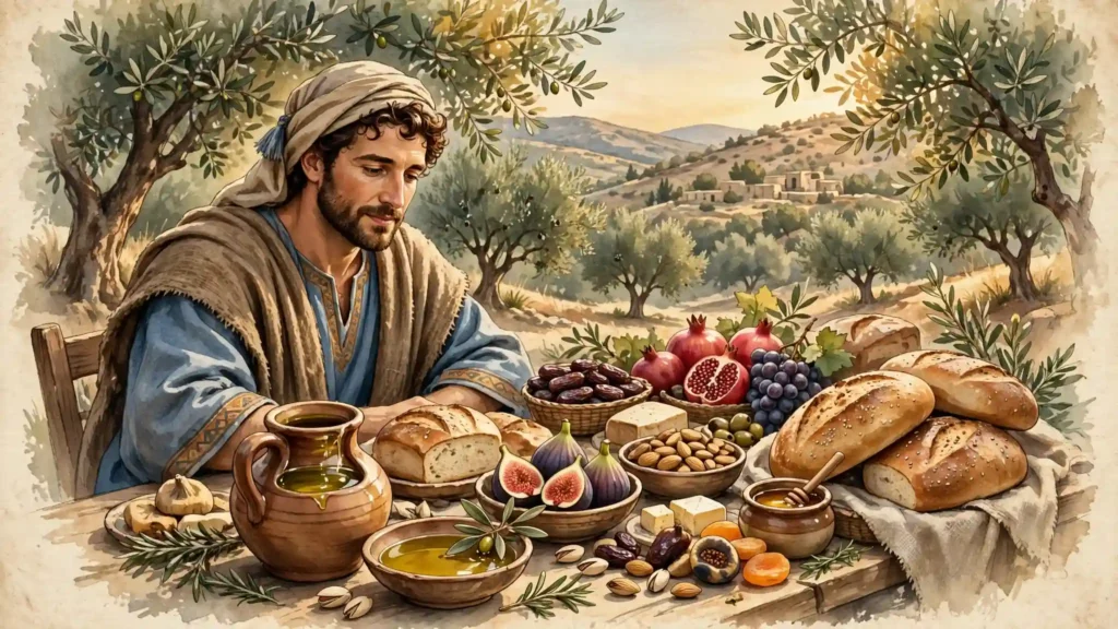 Mesa abundante con pan substancioso, aceite de oliva, higos y frutos, y olivos al fondo, símbolo de la prosperidad y los deleites al rey de la tribu de Aser