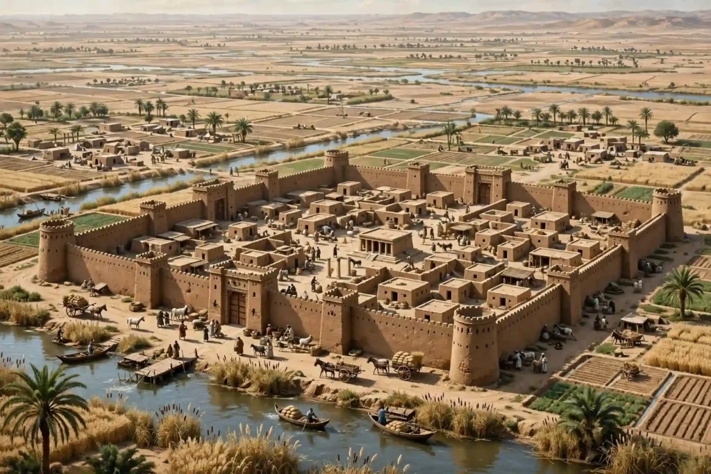 Ciudad antigua de Babel como parte del comienzo del reino de Nimrod en la tierra de Sinar, con murallas mesopotámicas, Génesis 10:10