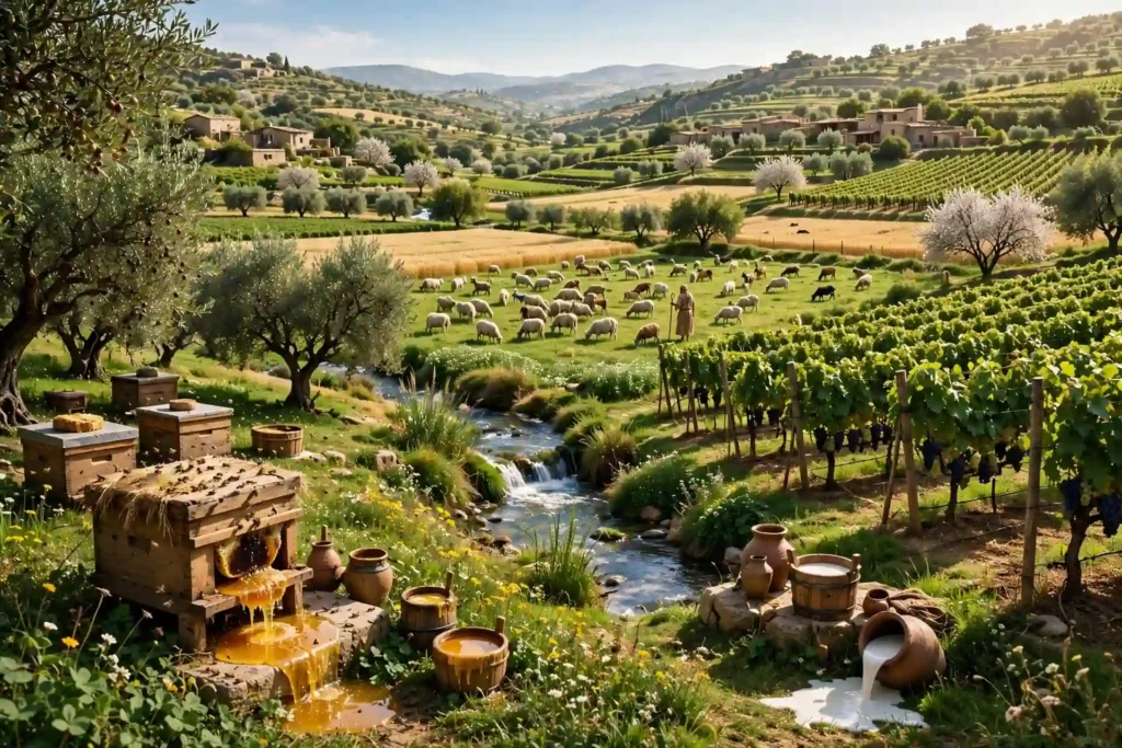 Paisaje fértil de Canaán que fluye leche y miel con rebaños, viñedos, olivos y colmenas mostrando abundancia agrícola según Éxodo 3:8