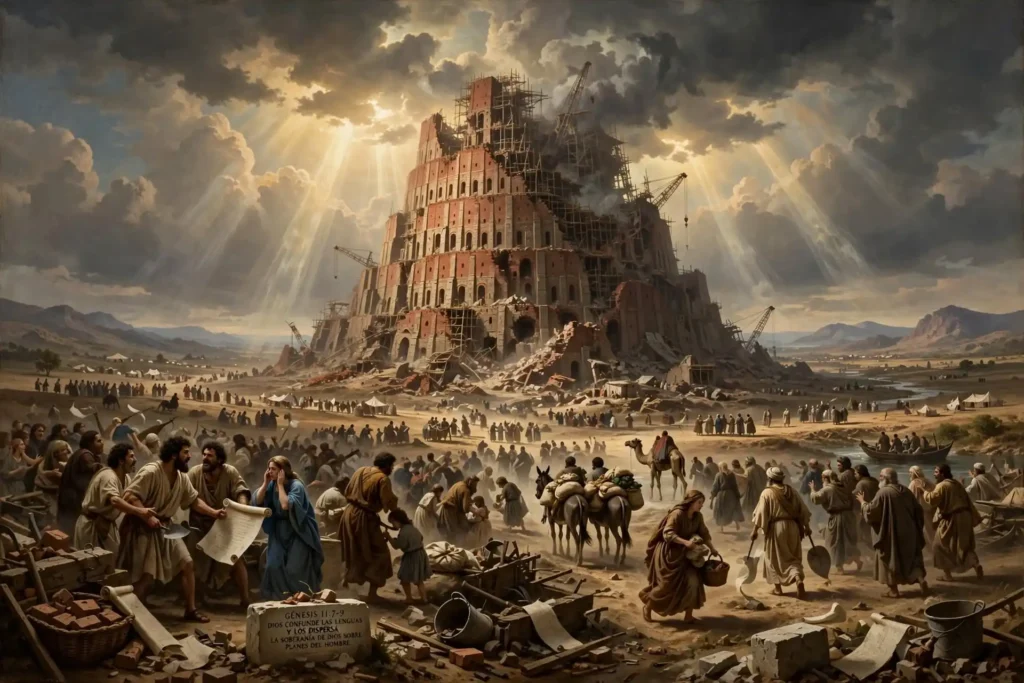 Dios confundiendo las lenguas en Babel y dispersando a sus habitantes, torre inconclusa mostrando que el poder humano permanece bajo soberanía divina, Génesis 11:7-9