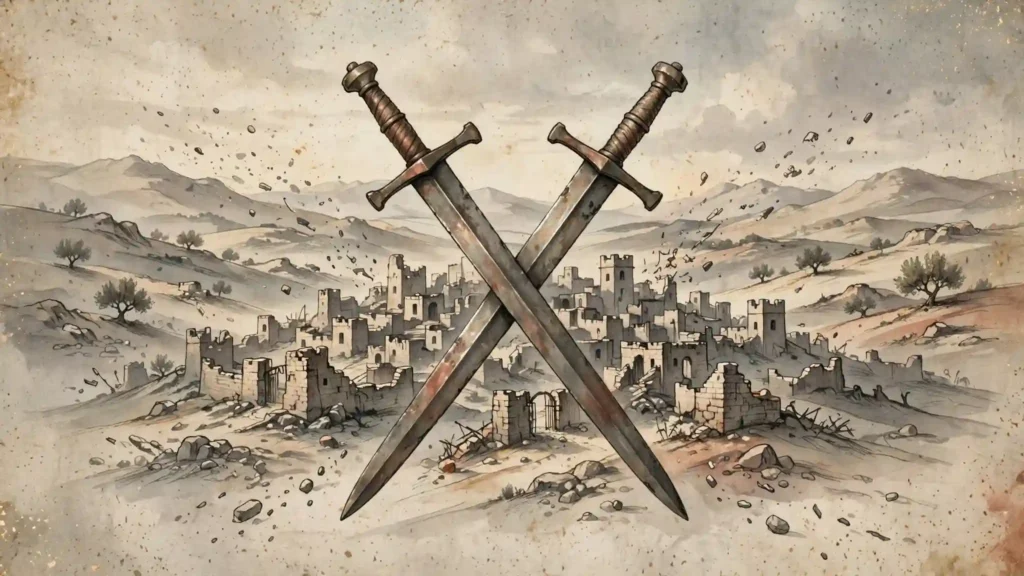 Dos espadas de bronce cruzadas sobre la ciudad de Siquem en sombras, símbolo de la violencia de Simeón y su dispersión en Israel