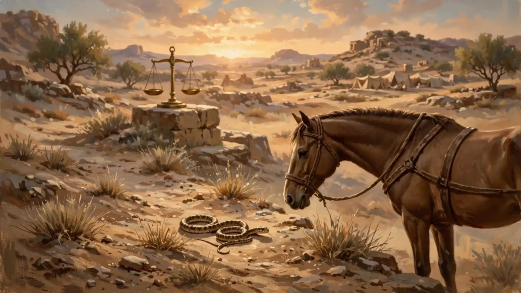 Serpiente junto a un camino polvoriento frente a un caballo y una balanza de justicia al fondo, ilustrando la bendición de Dan que juzgará a su pueblo