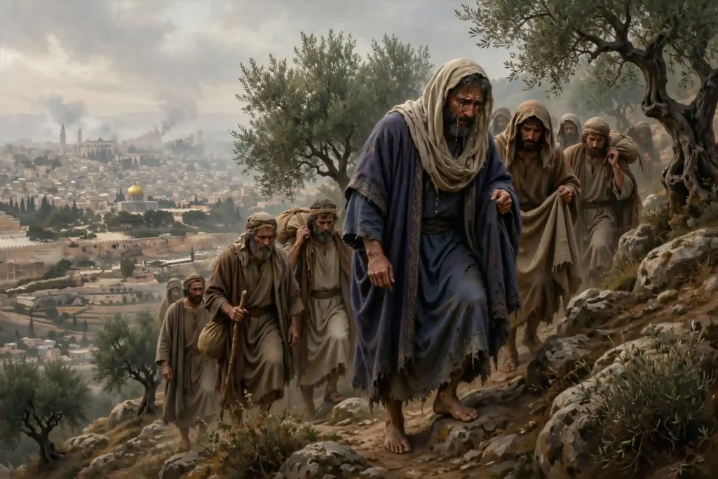 David subiendo al monte de los Olivos mientras abandona Jerusalén durante la rebelión de Absalón