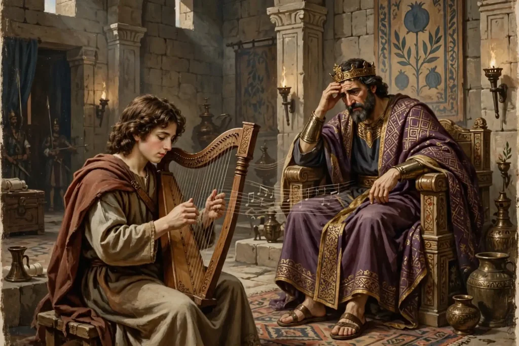 David joven tocando el arpa ante el rey Saúl en el palacio, dulce cantor de Israel