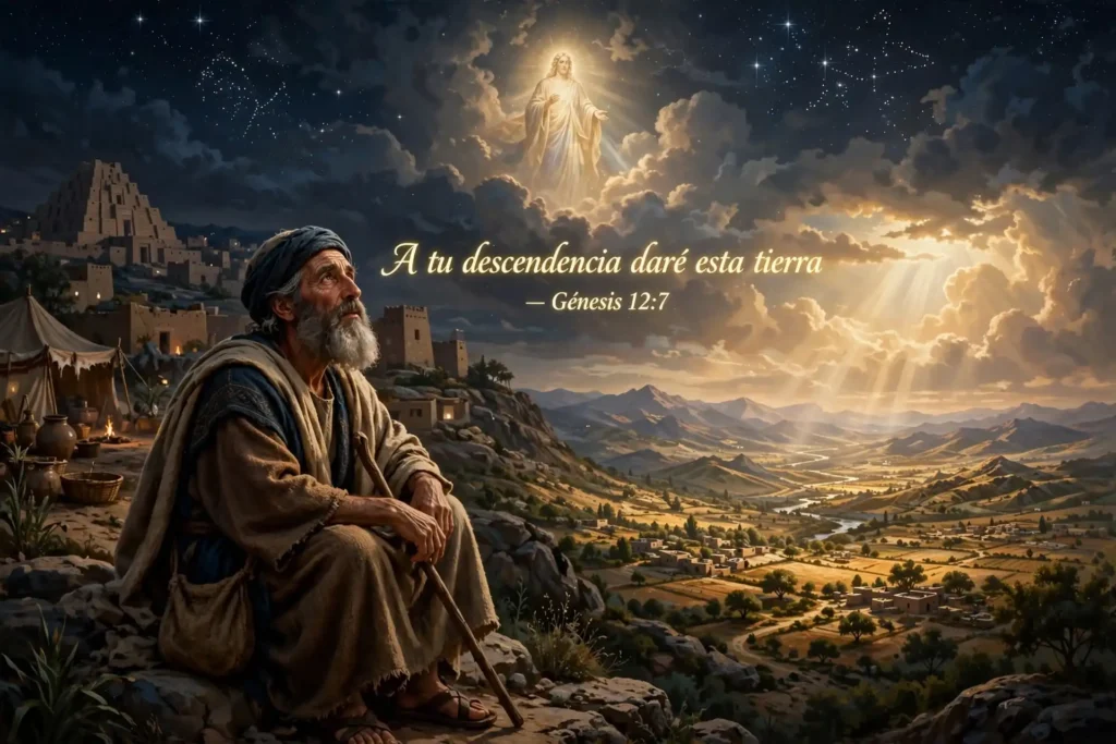 Abram recibiendo la promesa de Dios en Canaán bajo el cielo estrellado: A tu descendencia daré esta tierra, Génesis 12:7
