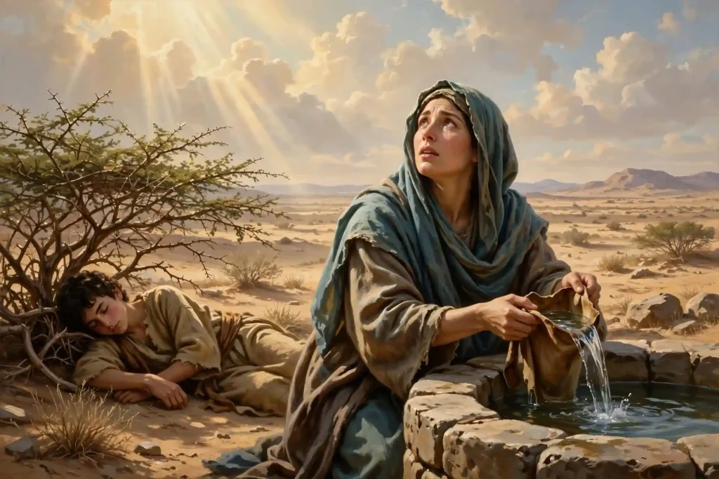 Dios mostrando a Agar el pozo que permitió salvar a Ismael en el desierto de Beerseba