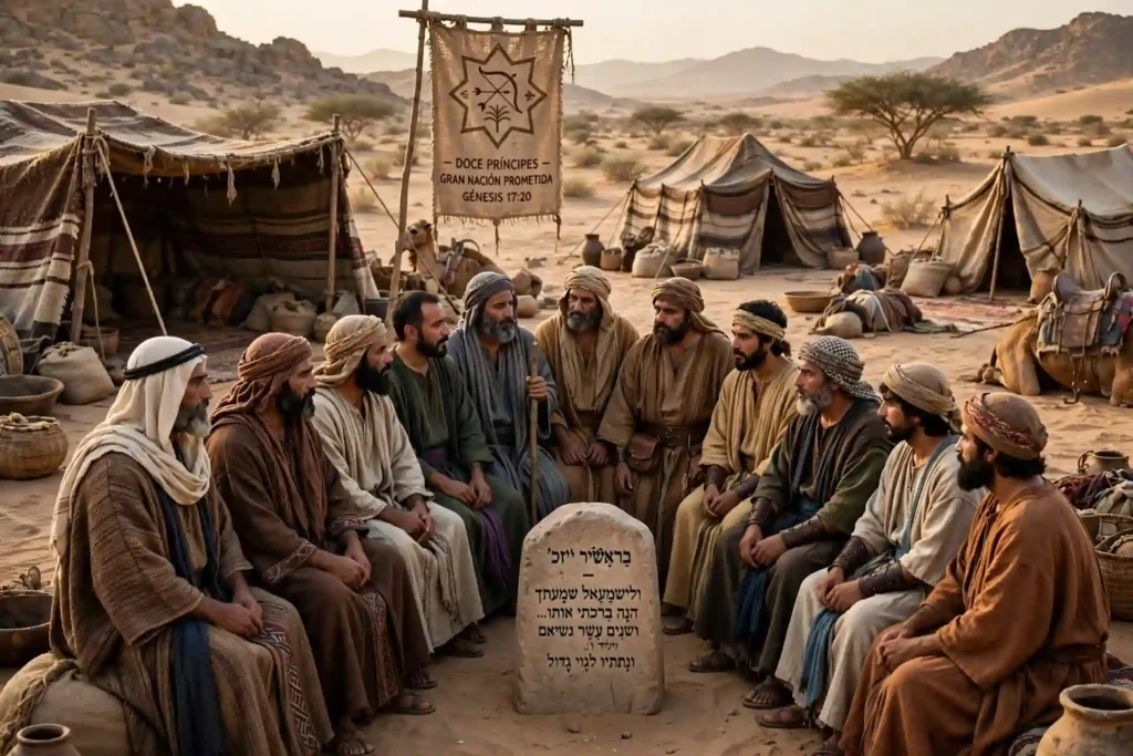 Doce hijos de Ismael reunidos como doce príncipes según sus familias, desde Nebaiot hasta Cedema, en campamento del desierto
