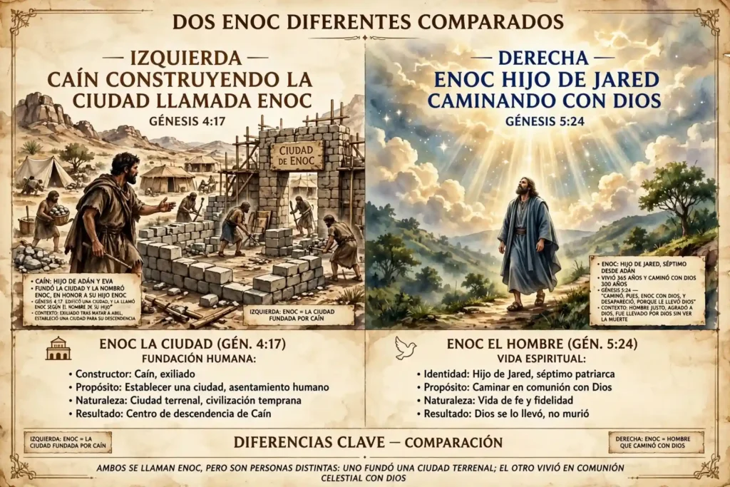 Comparación de los dos Enoc en Génesis: a la izquierda Enoc hijo de Caín que dio nombre a una ciudad en Génesis 4:17, a la derecha Enoc hijo de Jared que caminó con Dios