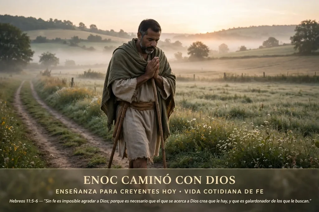 Enseñanza de Enoc para creyentes hoy, hombre caminando y orando al amanecer en vida cotidiana de fe, agradó a Dios por fe según Hebreos 11:5-6