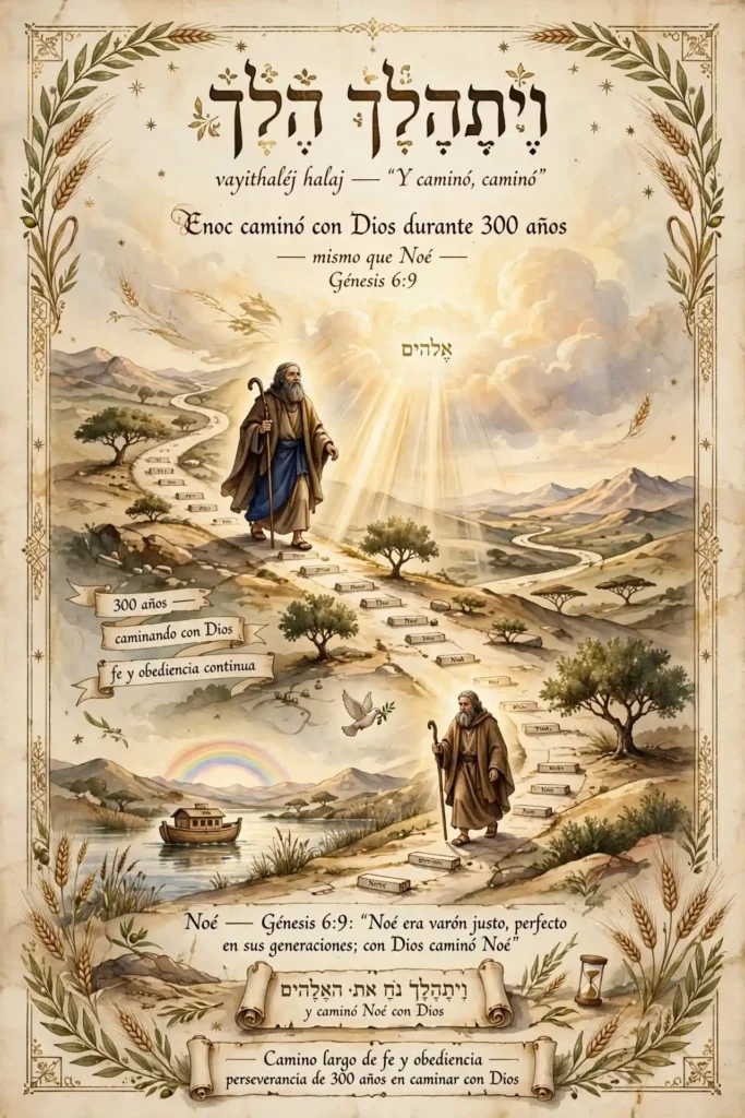Ilustración de Enoc caminando con Dios durante 300 años de forma continua y repetida, misma expresión usada para Noé en Génesis 6:9, vida de fe y obediencia