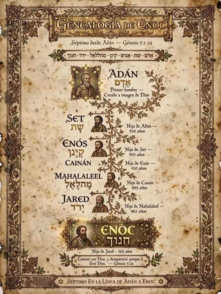 Árbol genealógico iluminado mostrando a Enoc como séptimo desde Adán: Adán, Set, Enós, Cainán, Mahalaleel, Jared y Enoc, según Judas 14