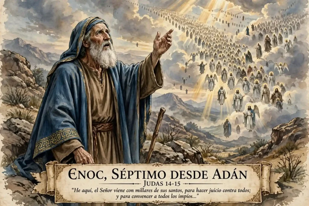 Enoc como séptimo desde Adán profetizando sobre la venida del Señor para ejecutar juicio según Judas 14-15, con multitud al fondo
