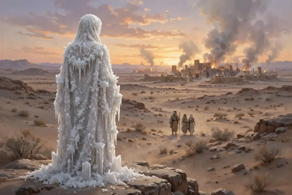 Estatua de sal blanca en el desierto al atardecer simbolizando a la esposa de Lot que miró atrás a espaldas de él, con Lot y sus hijas alejándose al fondo