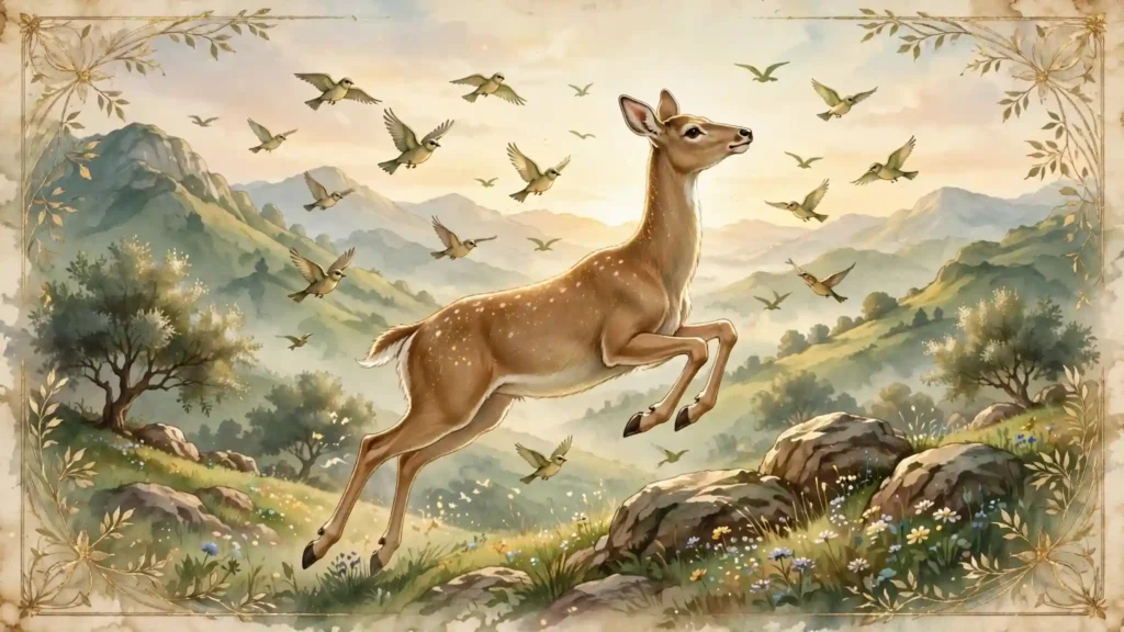 Cierva suelta y elegante saltando libre al amanecer entre montañas verdes, con aves que simbolizan los dichos hermosos de Neftalí