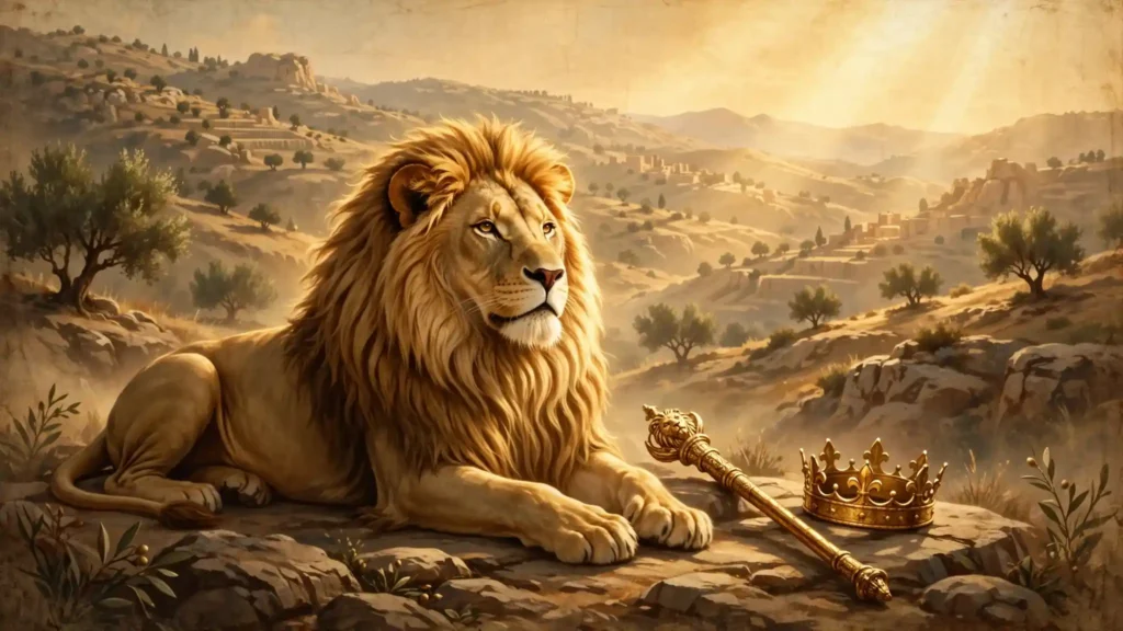 León dorado majestuoso recostado junto a un cetro real y una corona en las colinas de Judea, símbolo de Judá y de la profecía del León de la tribu de Judá