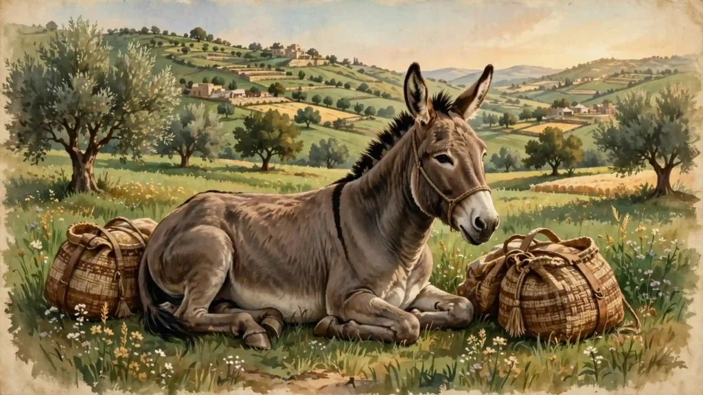 Asno fuerte y noble descansando entre apriscos en un campo verde y fértil, símbolo de la fuerza de Isacar y su disposición al trabajo